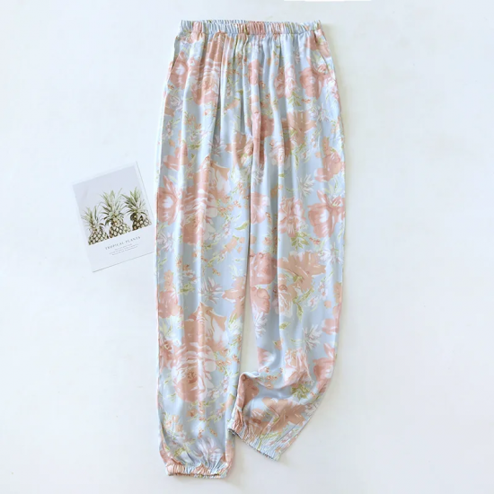 2025 Spring/Summer New Women's Sleeping Pants Viscous Fiber Gongsatin Ladies Beach Pants Mosquito Proof Pants Flower Home Pants