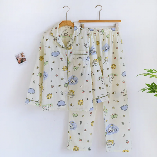 2025 Spring/Summer New Women's Pajama Set 100% Pure Cotton Double Layer Gauze Long Sleeve Two Piece Cartoon Cute Sweet Home Fury
